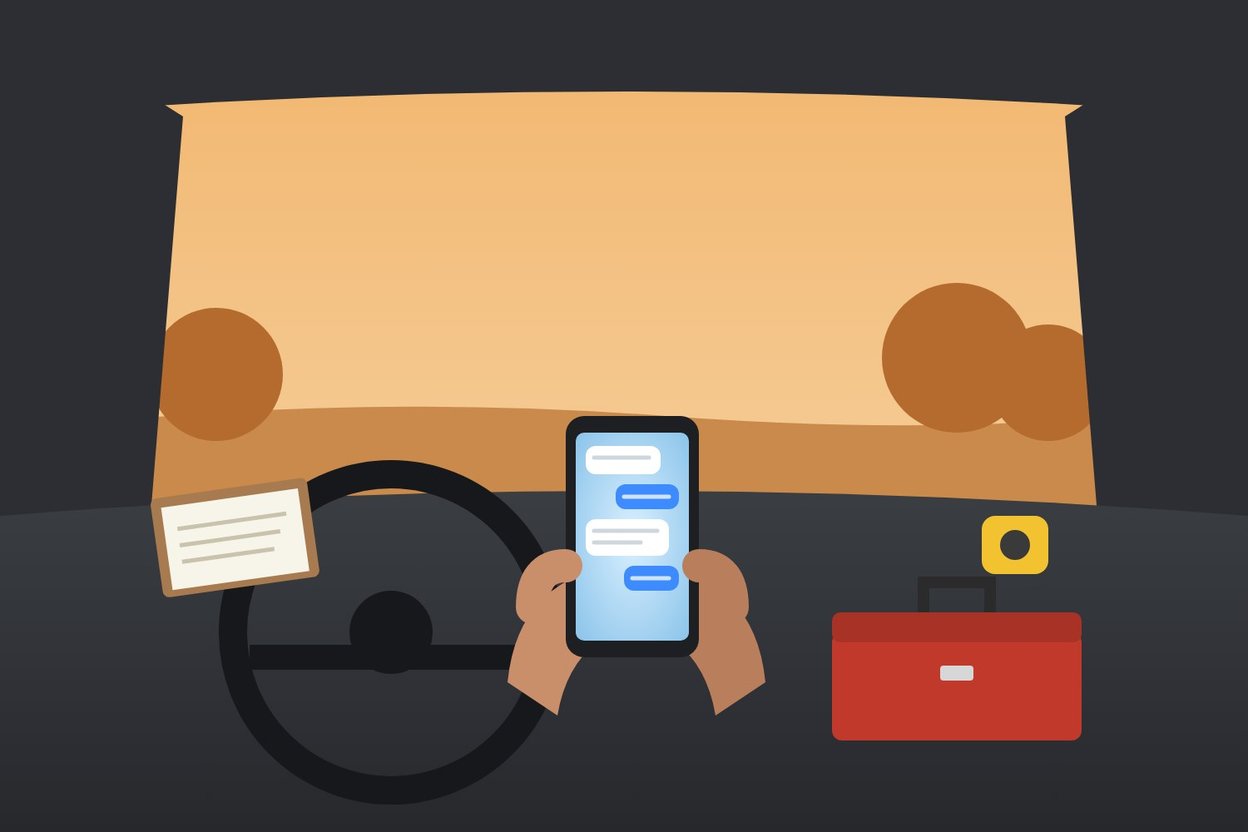 Illustration of a handyman in a work truck cab looking at a phone, toolbox on the seat