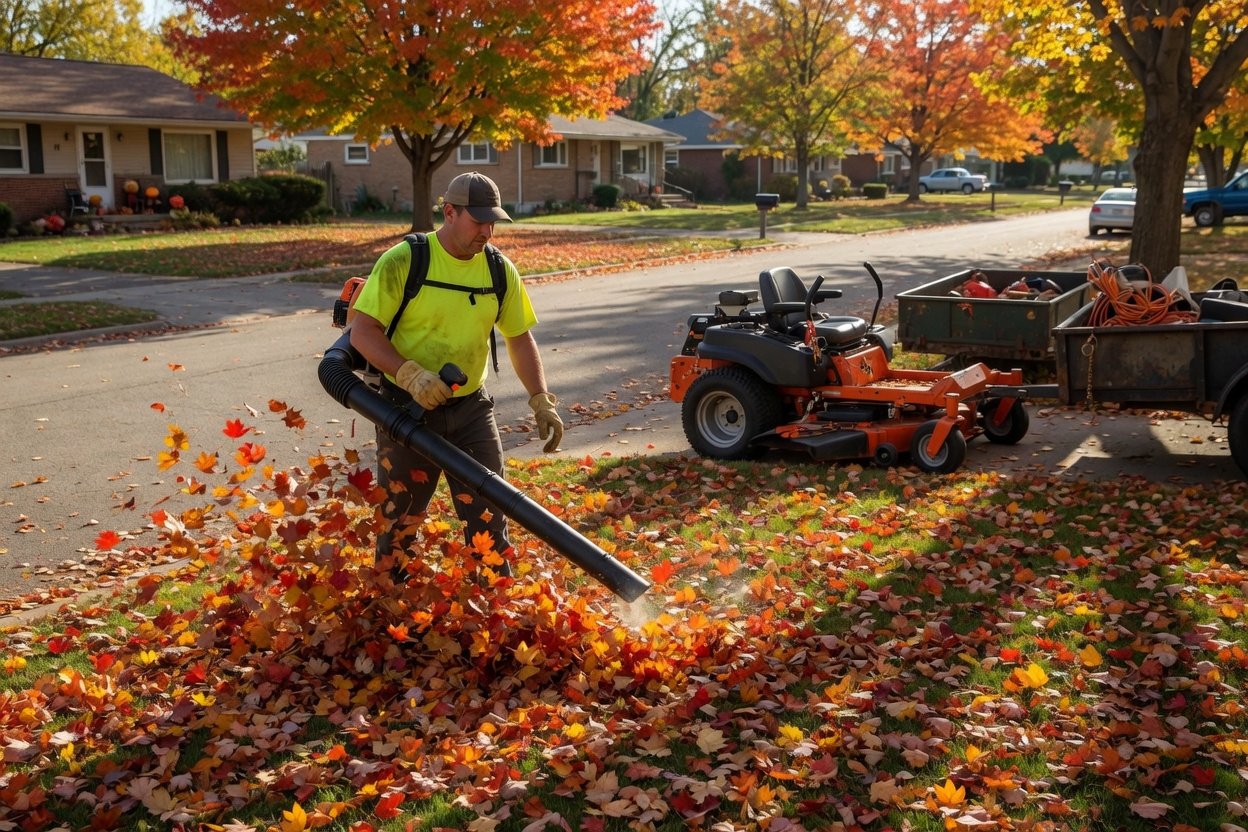 A landscaper clearing autumn leaves from a front lawn with a mower trailer at the curb