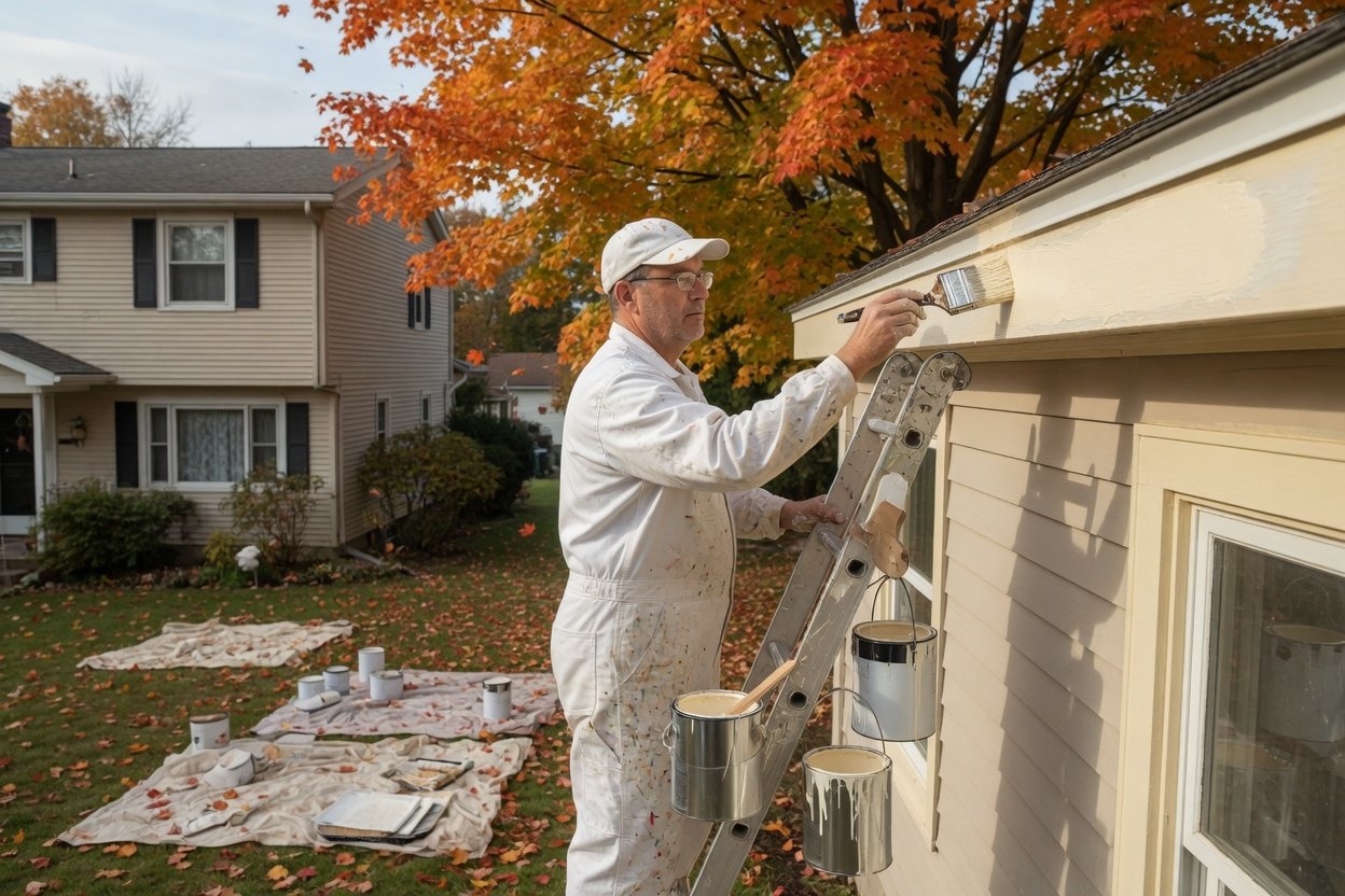 A house painter on a ladder painting exterior trim in the fall