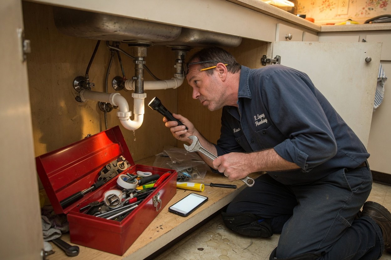 A plumber working under a kitchen sink while his phone rings beside him