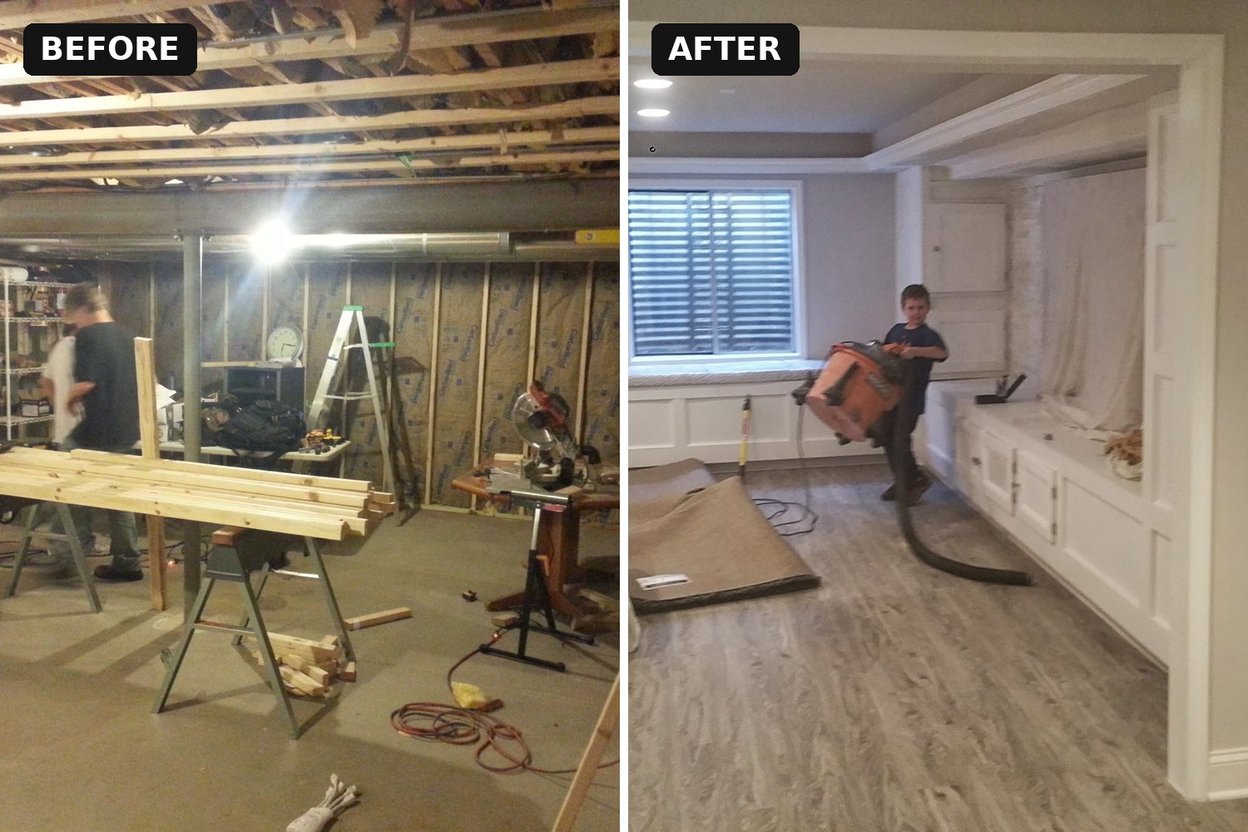 Before and after: an unfinished basement with bare joists and lumber on saw horses, and the same space finished with built-in benches, trim and new flooring