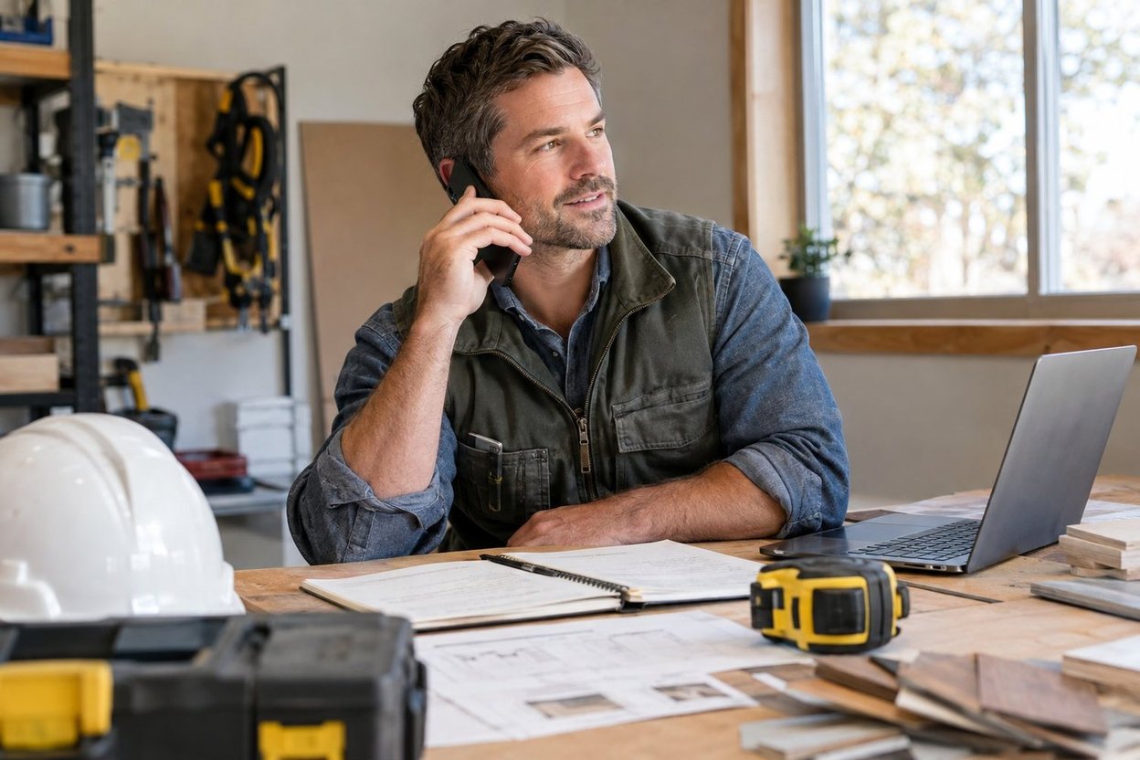 Contractor on the phone at a workbench with tools and a laptop.