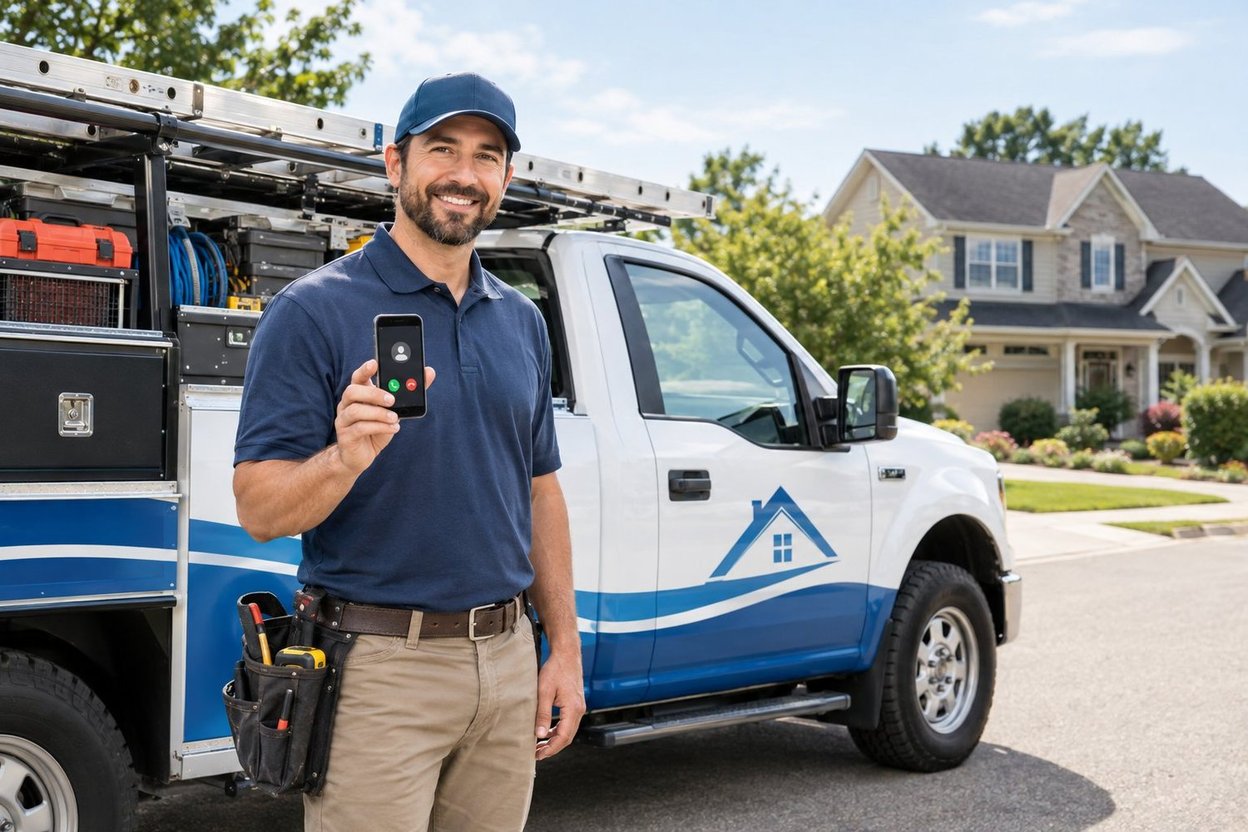 Service tech holding a phone next to his truck outside a house.