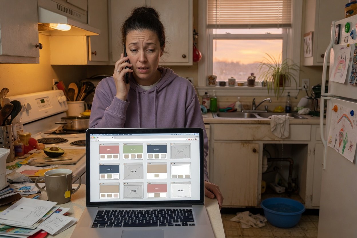 A puzzled homeowner on the phone in front of a laptop full of look-alike websites