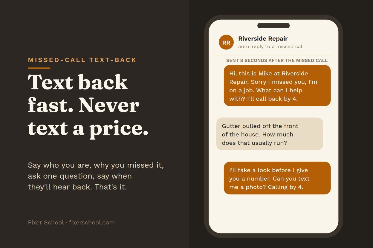 A phone screen showing a missed-call text and the customer's reply
