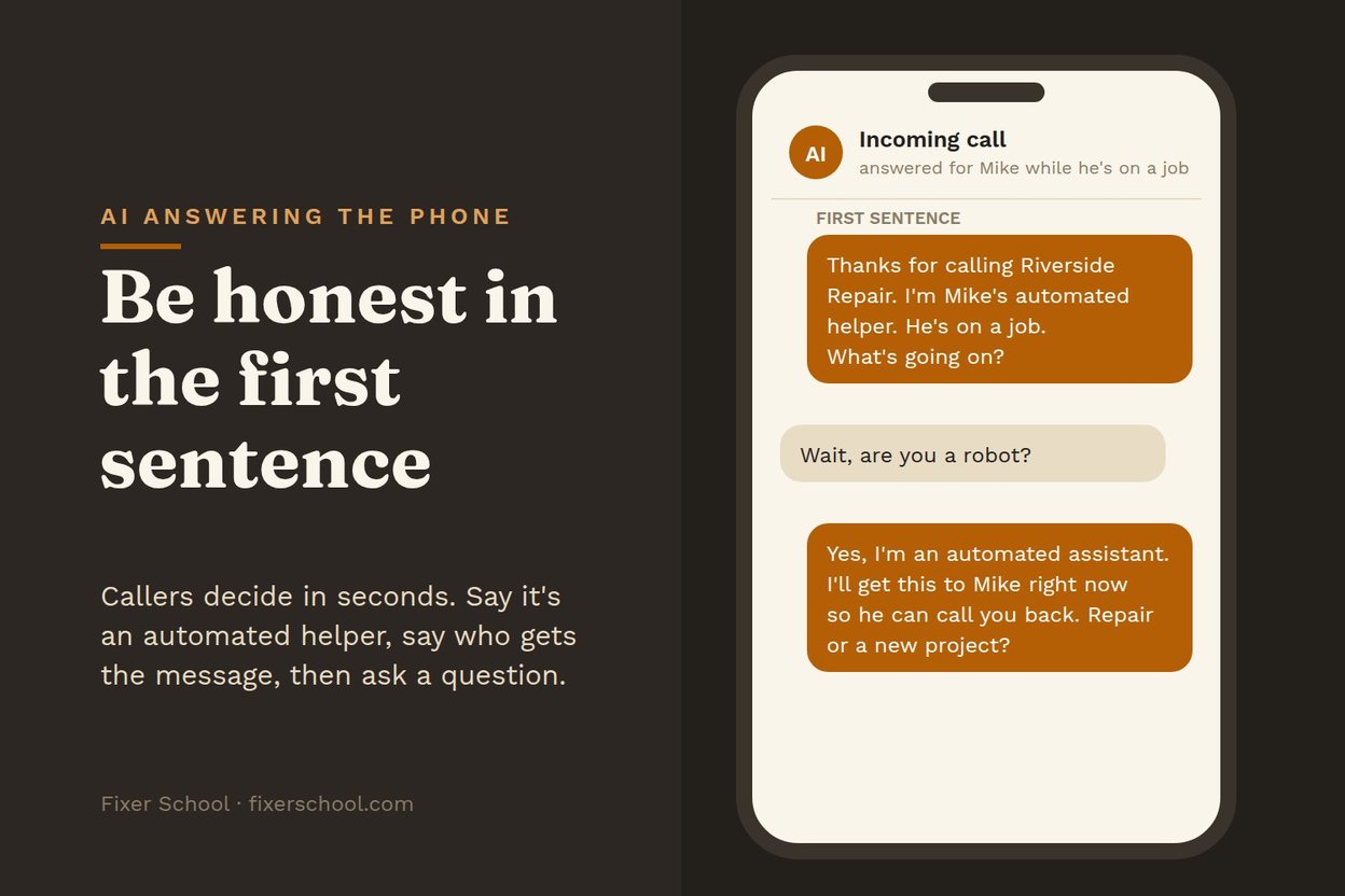 A phone call with the AI helper's first sentence on screen