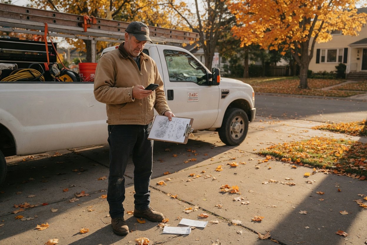 A contractor in a driveway reviewing an estimate on his phone and clipboard